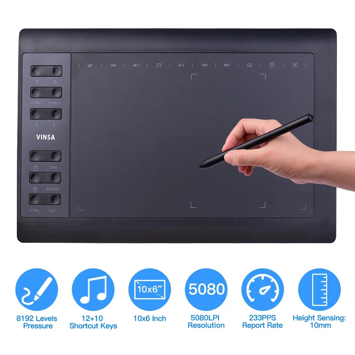 Graphic Tablet Accessories - แท็บเล็ตวาดภาพกราฟิกมืออาชีพ10x6นิ้ว12ปุ่มด่วนพร้อมสำหรับ Windows Mac สำหรับการออกแบบสีหลักสูตรออนไลน์